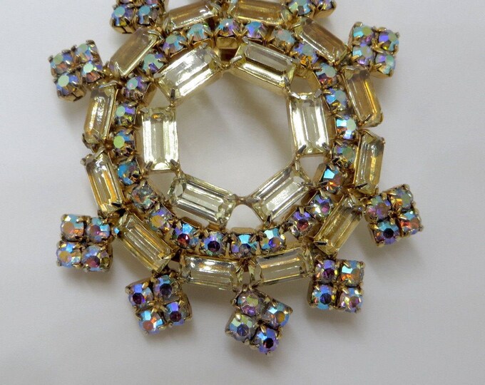 Rhinestone Brooch, Vintage Aurora Borealis Pin, Baguette Stones, Vintage 1960s Jewelry