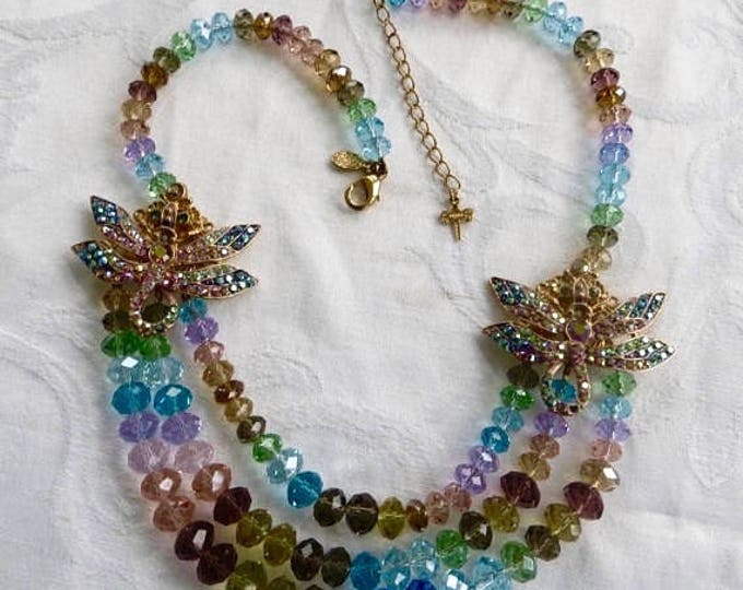 KIRKS FOLLY Necklace, Dragonfly Necklace, Dream of the Dragonfly, Rainbow Bead Necklace, Dragonfly Jewelry, Vintage Kirks Folly Jewelry