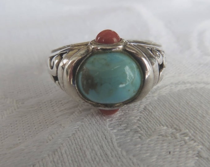 Sterling Turquoise Coral Ring. Etched Band, Bali Style Ring, Size 11 Ring, Southwest Jewelry