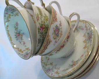 Vintage Mismatched China Cups & Saucers for Tea Party, Bridal Luncheons,Wedding, Tea Set,Showers, Bridesmaid Gift, Mother's Day - Set of 4