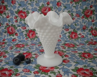 Vintage { Fenton Art Glass Vase } White Milk Glass - Hobnail - Crimped Ruffled Edge Trumpet Sherbet - Circa 1950's