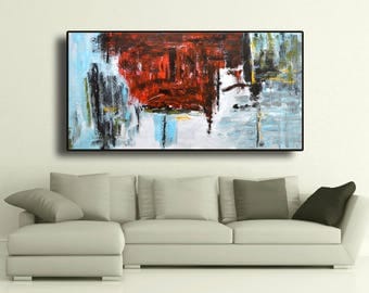 72" Original Abstract Acrylic Painting Extra Large Gray Black Red Blue Grey Wall Art Modern Art Decor UNSTRETCHED AUXXL009