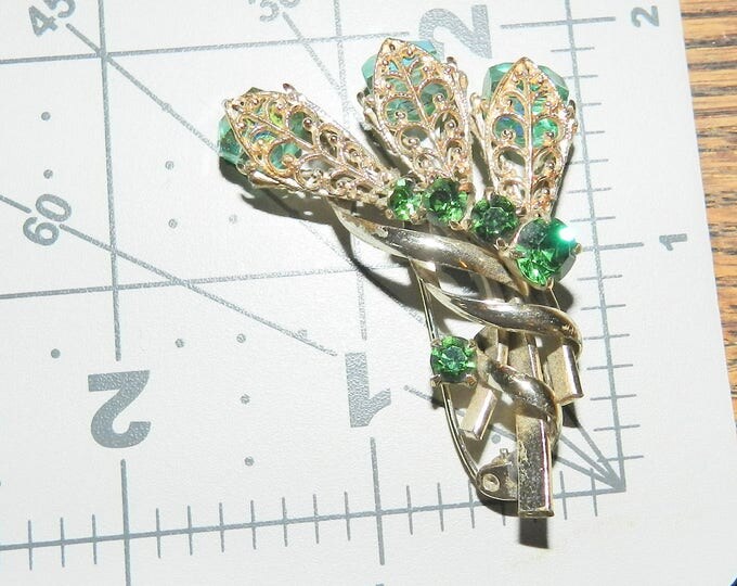 Green Aurora Borealis Rhinestone Brooch Pin, Vintage Filigree Victorian Revival Brooch, Vintage Jewelry Jewellery, Mid Century 1960s, Gift