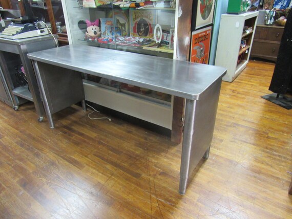 Mid Century Modern Industrial Brushed Steel Console Table