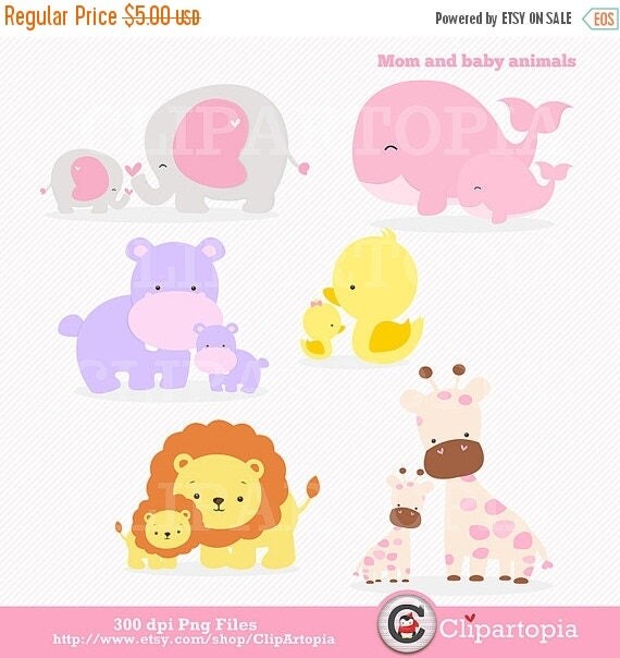 50% OFF SALE Mom and Baby Animal digital clipart / elephant, giraffe, lion, whale, duck, hippo Clip art for personal and commercial use Il_570xn