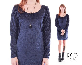 Crushed Velvet Dress Navy Blue Dress Long Sleeve Dress Bodycon Dress Mini Dress 90s Grunge Vintage Clothing Women's Size SMALL