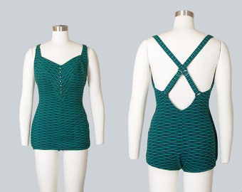 Vintage 1950s Swimsuit | 50s COLE OF CALIFORNIA Striped Knit One Piece Green Bathing Suit (small/medium)