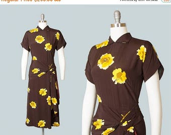 20% OFF SALE Vintage 1940s Dress | 40s Floral Rayon Draped Sash Peplum Brown Yellow Evening Cocktail Dress (small)