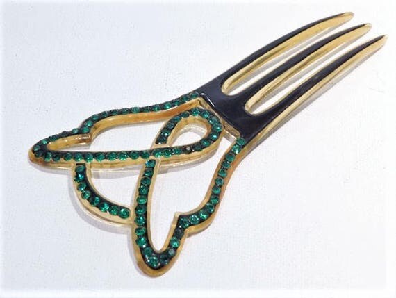 Art Deco Hair Comb 1930s Celluloid Emerald Green Rhinestone Black Overlay Celluloid Side Comb Hair Pin Wedding Comb Flapper Fashion