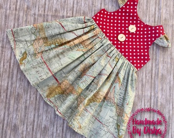 Girls back to school dress , toddler back to school dress, world map print dress
