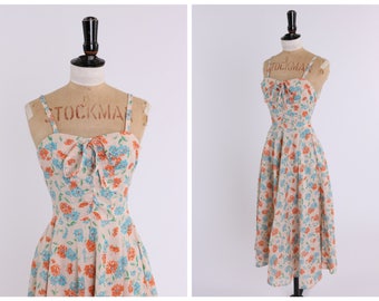 Vintage original 1970s does 1950s pretty blue and orange floral print dress UK 4 6 US 0 2 XXS xs