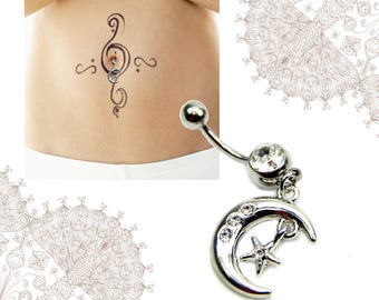 Moon Belly Button Rings, Crescent Moon Belly Ring, Stars and Moon Belly Button Jewelry, Navel Piercing Dangle Belly Bar