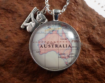 Vintage Map Necklace, Custom Map Jewellery, Personalised Necklace, Gift for Her, Koala Charm, Gift for Travellers, Au Pair Gift