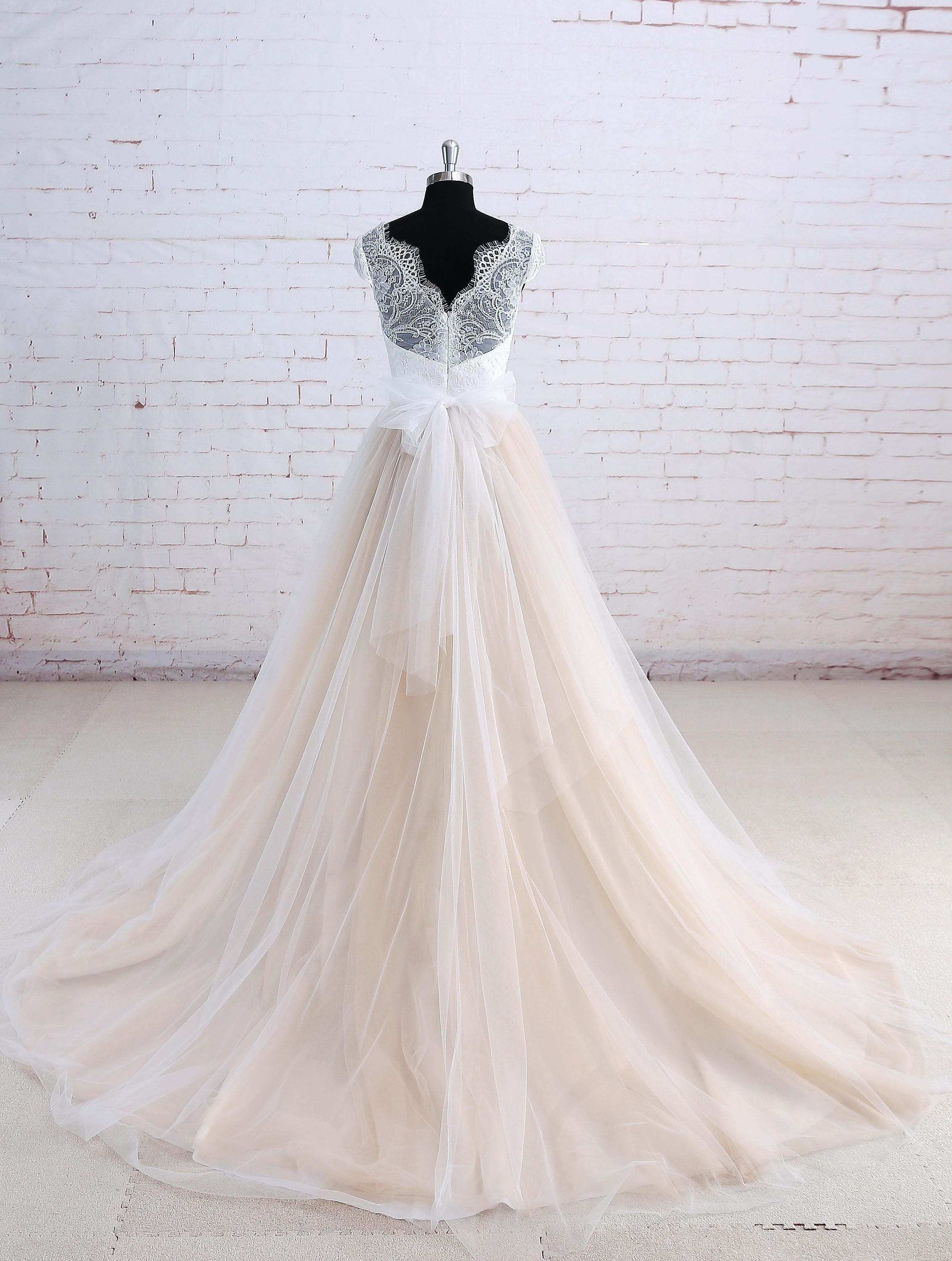 Full A Line Wedding dress with Beige Tulle Underlay Ivory Lace