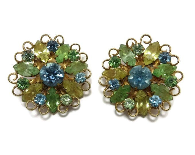 Weiss Flower Rhinestone Earrings, Vintage Green Yellow Blue Earrings, Signed Weiss Jewelry