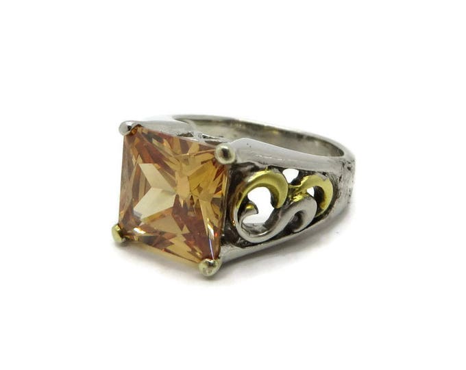 Citrine Silver Ring, Vintage Scrolled Band Ring, Two Tone Sterling Silver Ring, Engagement Ring, Size 7