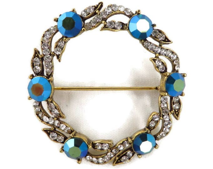 Vintage AB Rhinestone Circle Brooch, Signed Weiss Crystal Rhinestone Silver Tone Pin, Gift for Her
