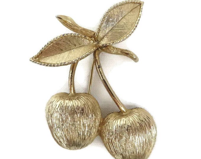 Sarah Coventry Cherries Brooch, Vintage Gold Tone Fruit Pin, 1960s Jewelry