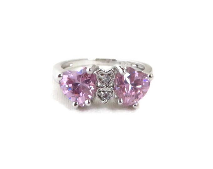 Sterling Silver Hearts Ring | Vintage Pink CZ Heart Ring | Birthday Gift | Size 6.5