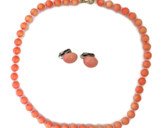 Vintage Coral Necklace, Earrings Set - Mid Century Orange Beaded Demi Parure