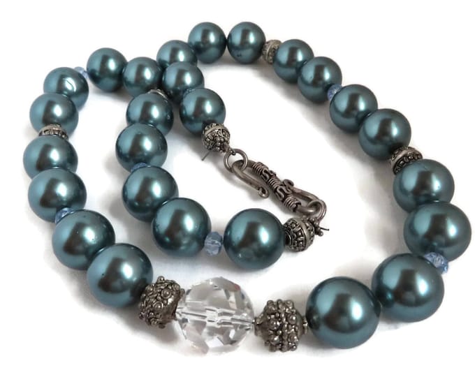 Chunky Teal Blue Beaded Necklace, Vintage Glass Bead Necklace, Gift for Her