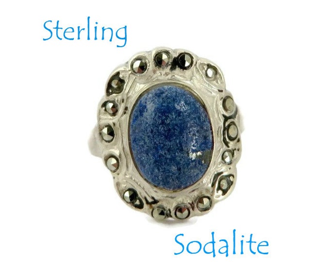 Sterling Silver Sodalite Ring, Vintage Denim Sodalite & Marcasite Ring, Size 4, Gift for Her