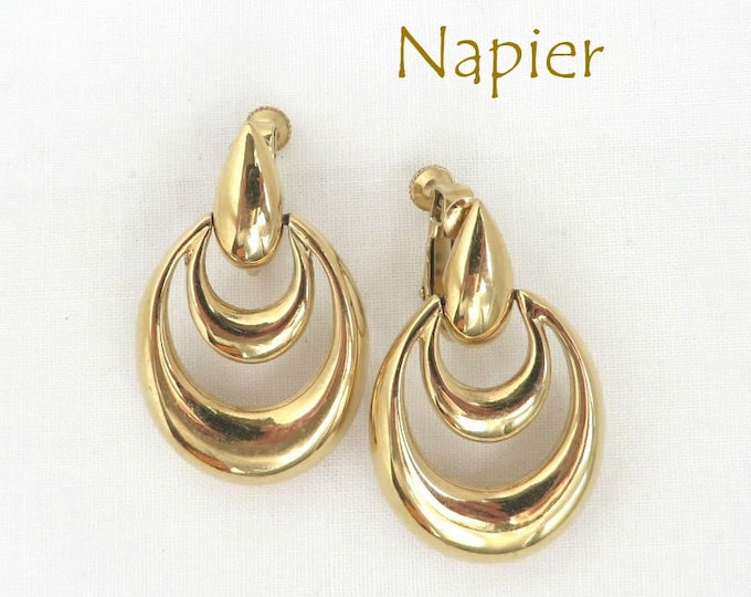 Hoop Earrings - Vintage Napier Dangling Hoop Earrings, Double Hoop Clip-on Earrings, Gift for Her