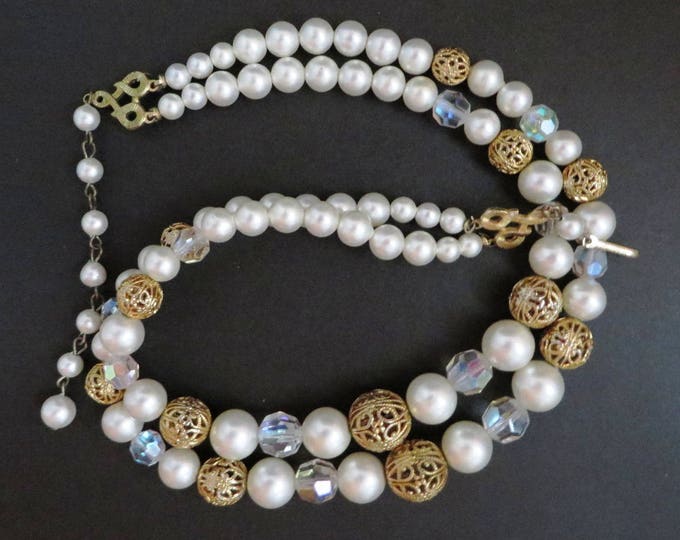 Kramer Faux Pearl Bead Necklace, Vintage Filigree Beaded Double Strand Necklace