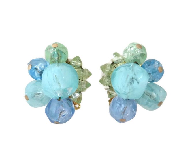 Carnegie Cluster Bead Earrings - Vintage Pastel Lucite Beaded Clip-on Earrings, Gift for Her