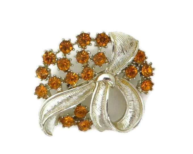 Vintage Orange Rhinestone Flower Brooch, Goldtone Bow Pin, 1960s Jewelry, Mid Century Brooch, Gift For Her