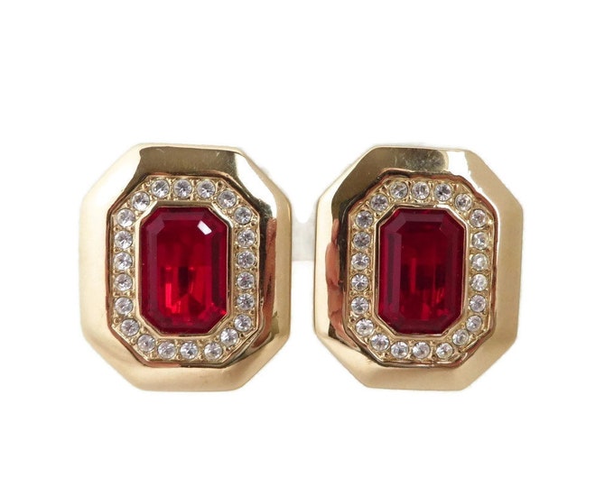 Vintage S.A.L. Swarovski Crystal Earrings, Ruby Red & Clear Rhinestone Earrings, Gold Tone Clip-on 1970s Jewelry