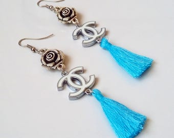 Chanel earrings with light blue tassels