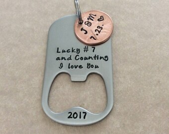 7 Year Anniversary bottle opener with 2010 stamped penny keychain, Boyfriend Girlfriend