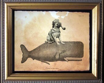 Pug Riding Whale - Vintage Collage Art Print on Tea Stained Paper - Vintage Art Print - Vintage Paper
