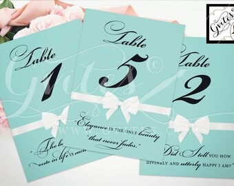 Breakfast at Tiffany’s Table Numbers, Party Theme, table numbers with different Audrey Hepburn quotes. {Blue White Ribbon}