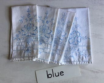 4 Vintage Baby Blue Embroidered Guest Hand Towels