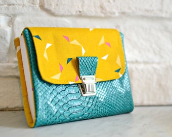 Agenda 2017-2018, diary woman, diary of bag, imitation leather dragon emerald and cotton mustard geometric pattern, agenda back, agenda 2017