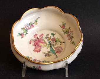 Fine Concorde CHINA BOWL, Spring Tulip Bouquet, Made in USA, Footed Bowl w Gold, Scalloped Edge Bowl, Floral China Bowl, Candy Nut Bowl