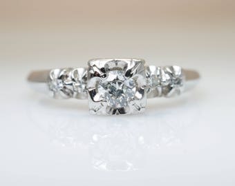 Vintage .26CTW Old Euro Cut Diamond Engagement Ring Set in 14k White Gold European Cut Diamond Wedding Ring Mid Century Ring