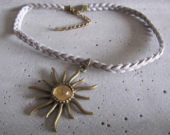 Oktoberfest geflochten Kunstleder Choker Velour Trachtenschmuck Halskette Dirndl grau Sonne
