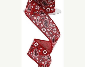 SALE 1.5"x10yd Bandana ribbon, bandana wired ribbon, red wired ribbon, white wired ribbon, black wired ribbon, red and white wired ribbon, r