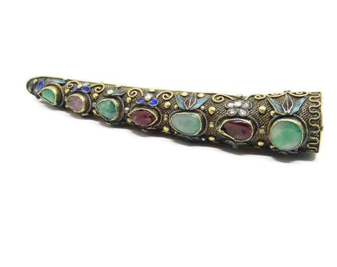 Antique Chinese Enamel Brooch / Filigree Inlaid Silver Finger Claw Brooch / Antique Sterling Gilt Vermiel Finger Nail Guard