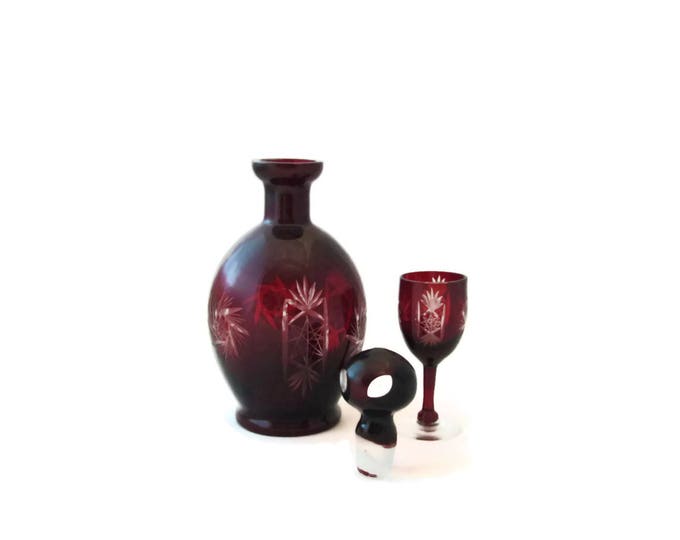 Antique Ruby Red Bohemian Glass Decanter / Art Nouveau Cut to Clear Fine Crystal / Czech Wine Spirits Boho Home Decor / Cordial Set Mom Teen