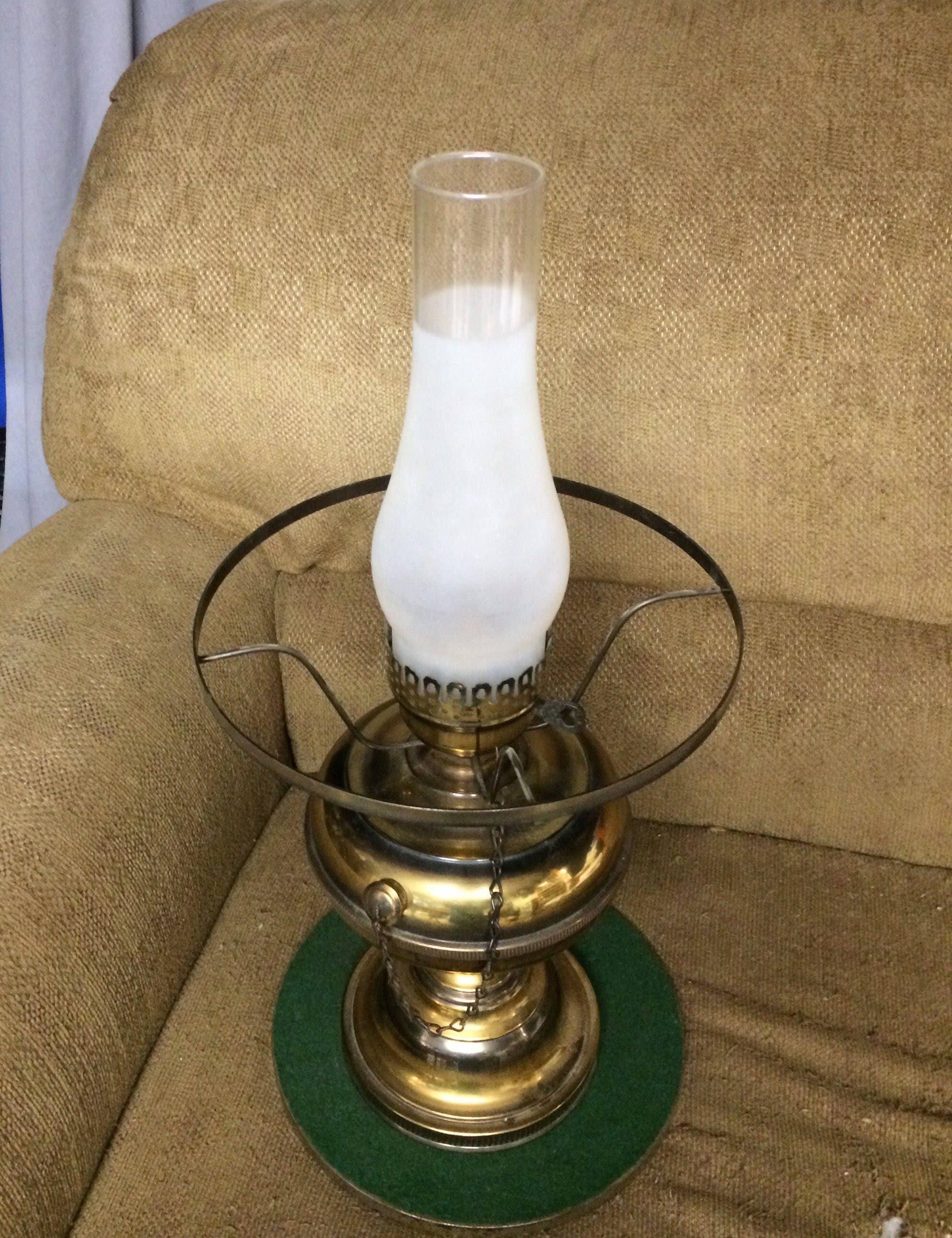 Vintage Brass Tone Electric Hurricane Lamp Table Lamp with a Milk Glass