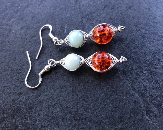 Orange and Light Blue Wire Wrapping Earrings, Light Green and Orange Sterling Silver Handcrafted Earrings, Wire Wrapping Jewelry
