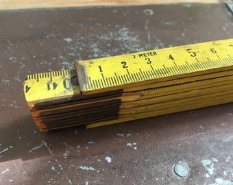 Vintage ruler wooden folding ruler metric Germany measuring ruler 2 meters old style yellow birchwood Ref:16