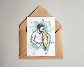 BLANK PRINTABLE - Cat Dad Man with Beard Greeting Card - Kitty Cuddles - Instant Digital Download - Cat Love Greeting Card - 5x7