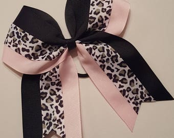 7" Cheer Bow ~ pink black leopard hair bow ~ Cheer Bow, Varsity Cheerleading Ponytail Bow