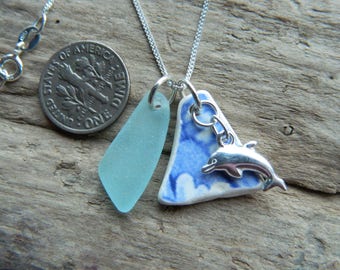 Sterling silver sea glass and pottery shard necklace with a solid sterling silver dolphin charm