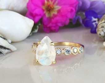 20% off-SALE!! Rainbow Moonstone Ring - June Birthstone - Statement Ring - Gold Ring - Engagement Ring - Teardrop Ring - Cocktail Ring